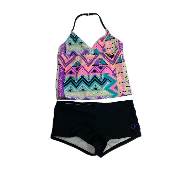 OP Girls Purple Geo Design Halter Tankini - Picture 1 of 6